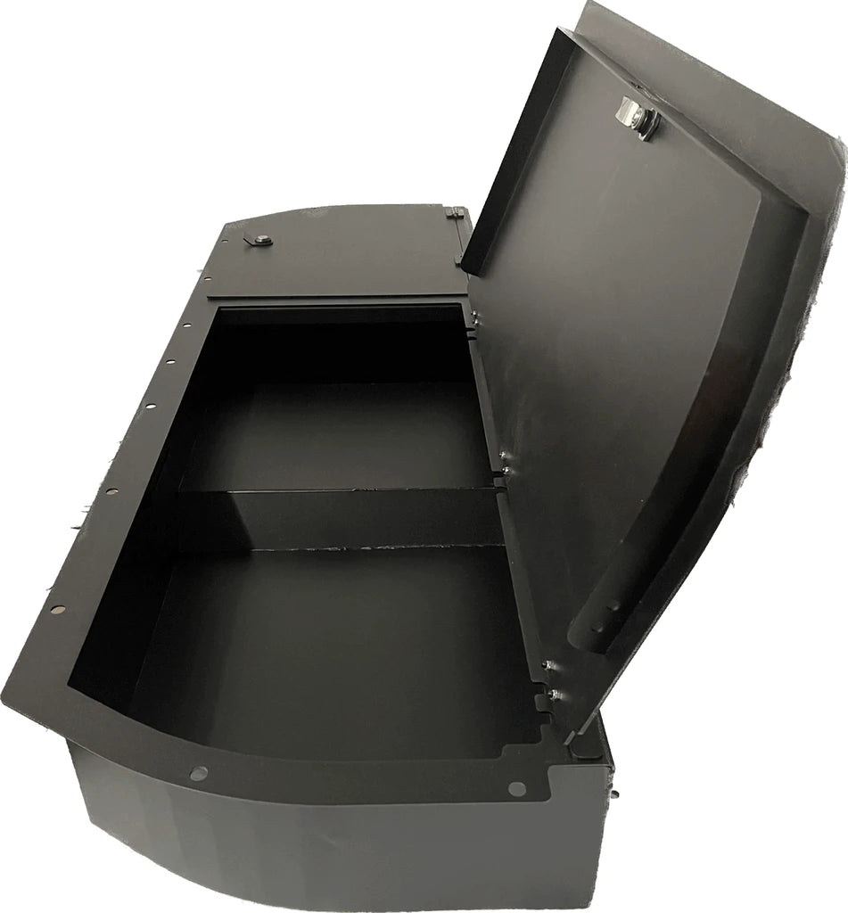 Black metal lockable storage box with a specialized compartment, compatible with 2022-2024 Toyota Tundra models