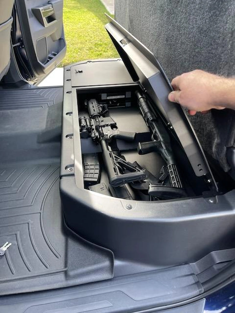 Open lockable storage compartment under the seat of a 2022-2024 Toyota Tundra, suitable for secure transportation